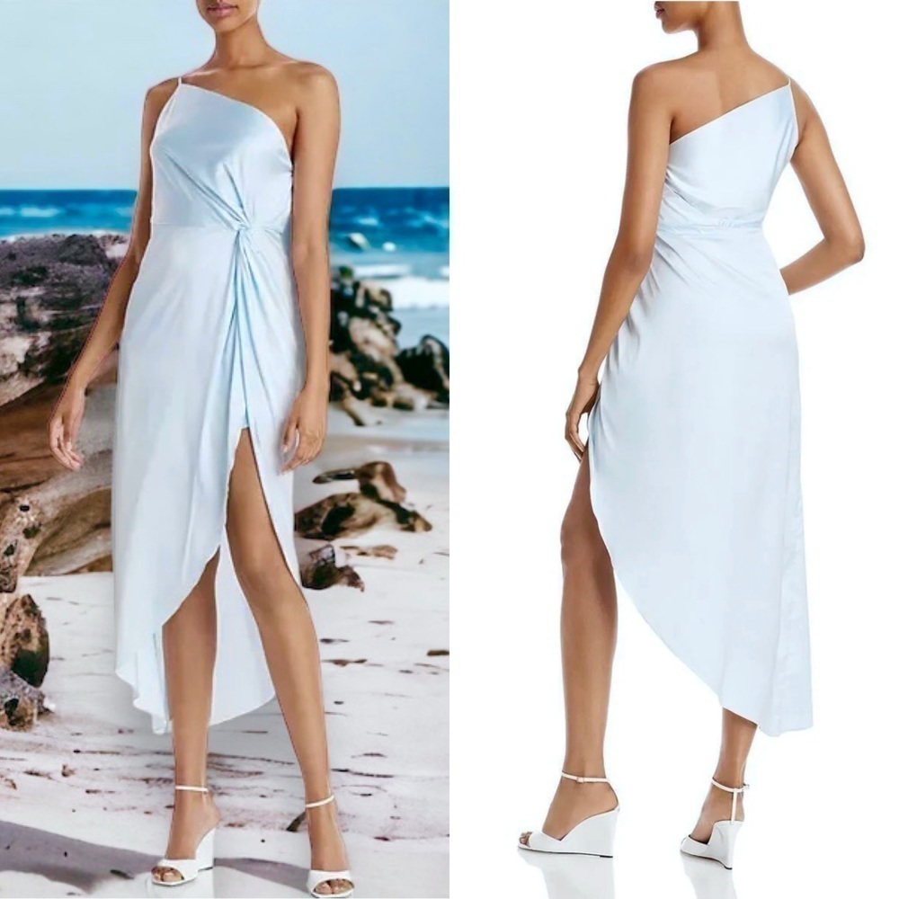NWT AQUA 70s Satin Ruched Waist Sleeveless One Shoulder Side Slit Midi Dress M